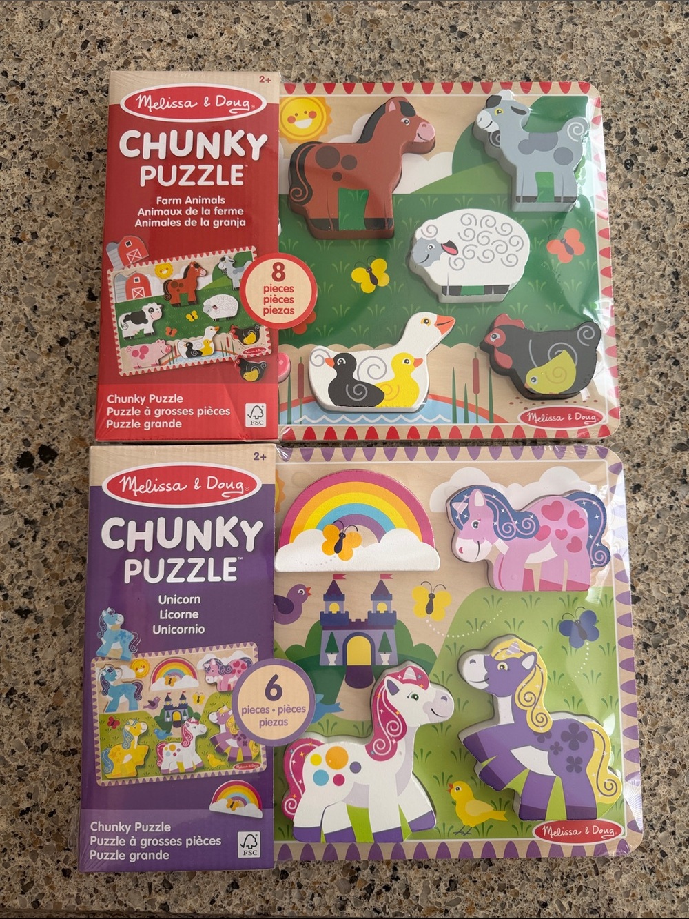New Melissa & Doug Chunky Puzzles - One Farm & One Unicorn